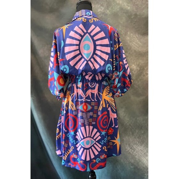 New Emily McCarthy Palmer Dress M Blue Red Print Boho Collared Short Sleeve - Picture 5 of 9